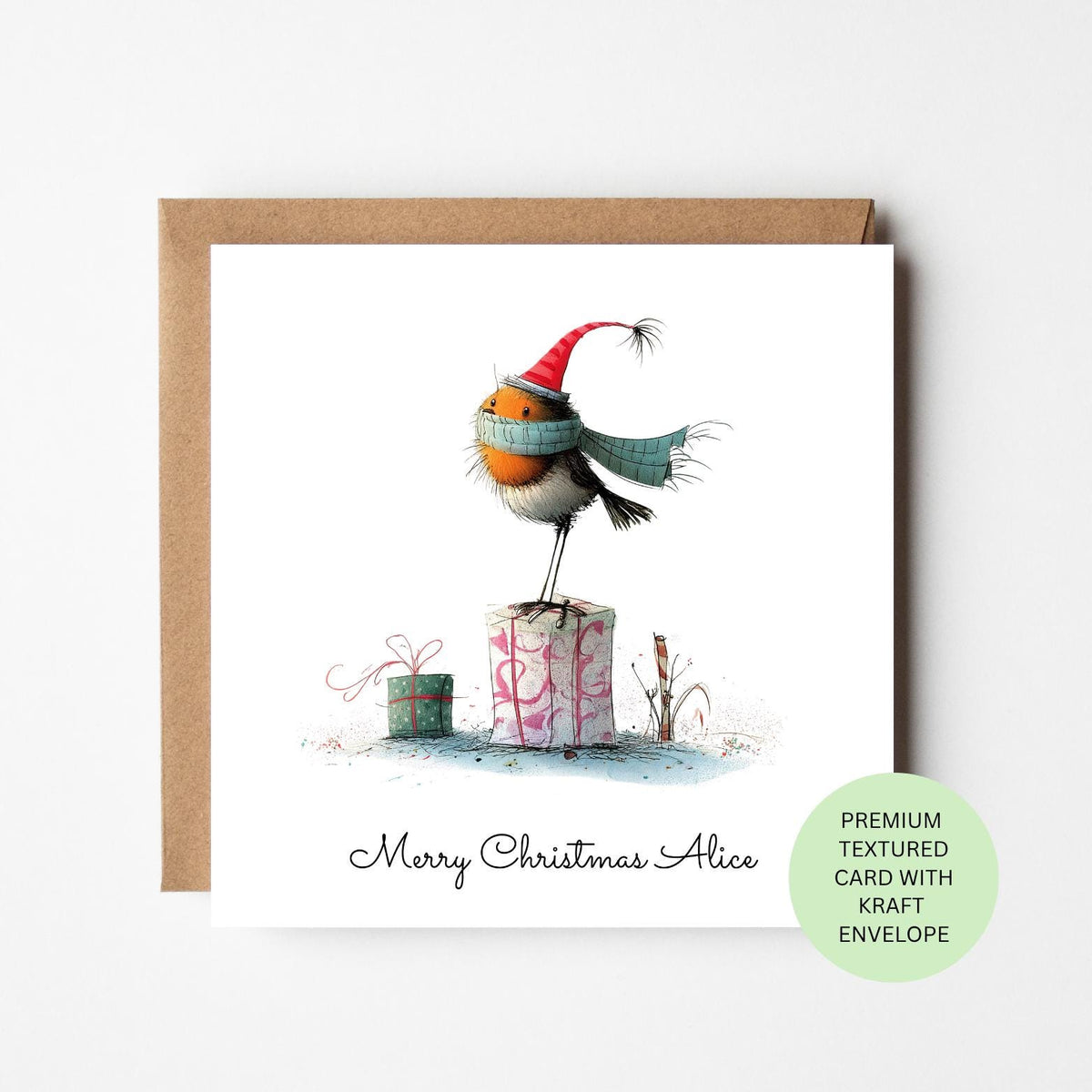 Personalised Robin Standing on Presents Christmas Card
