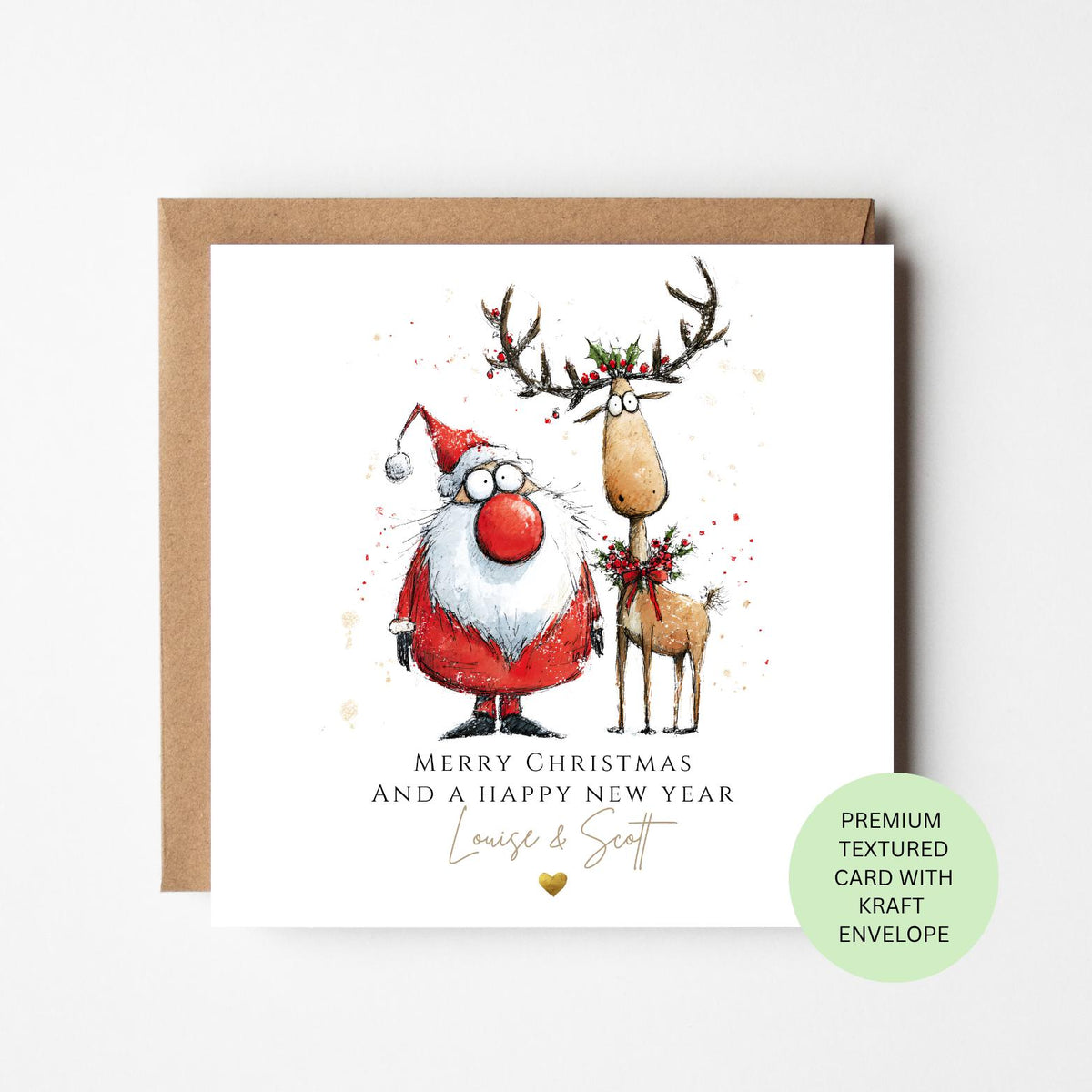 Personalised Santa and Reindeer with Holly Christmas Card