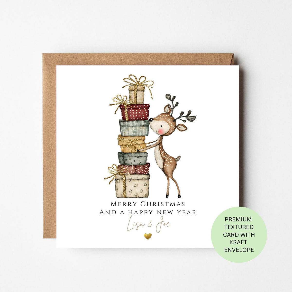 Personalised Reindeer Beside a Tower of Presents Christmas Card