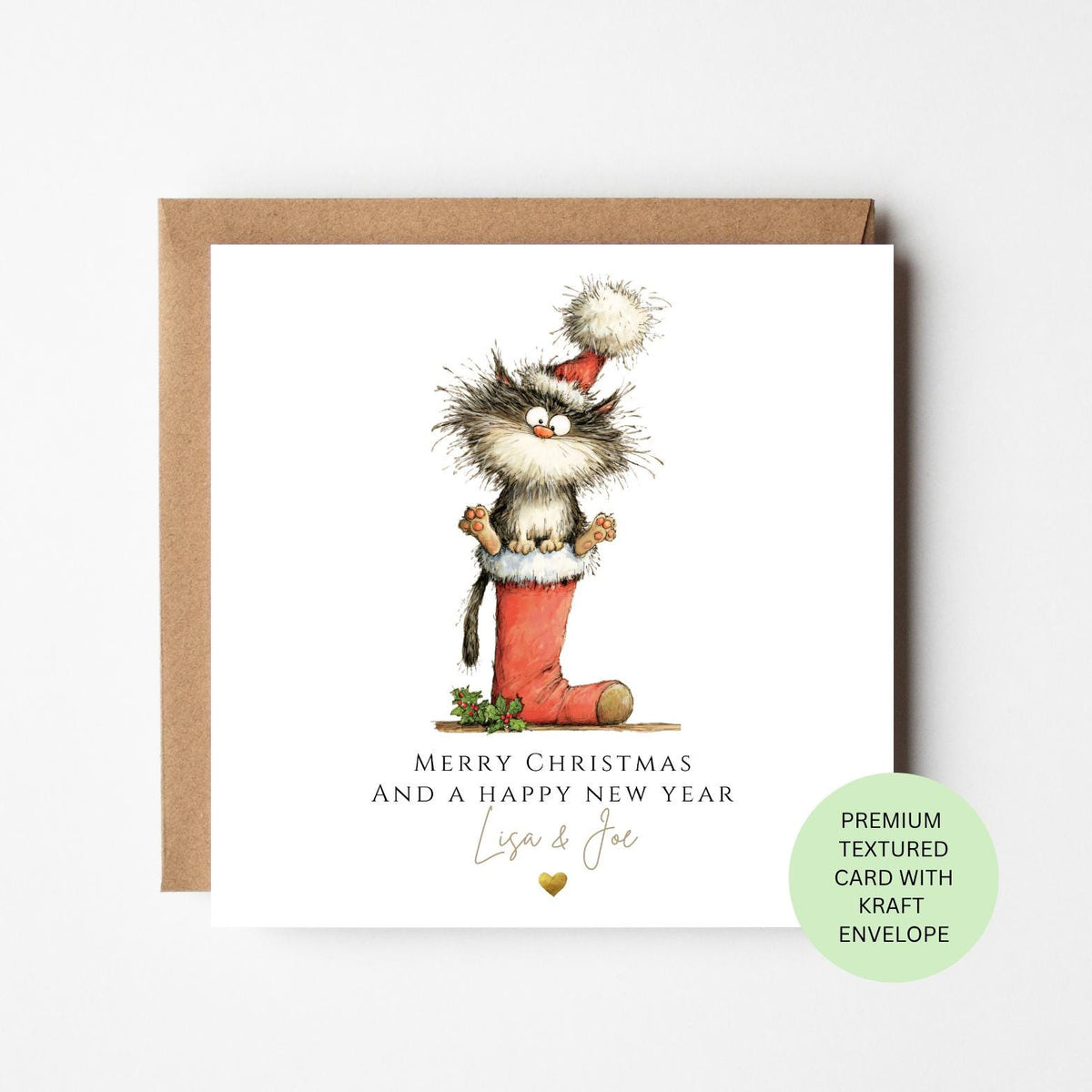 Personalised Black Cat Sitting in a Christmas Stocking Card