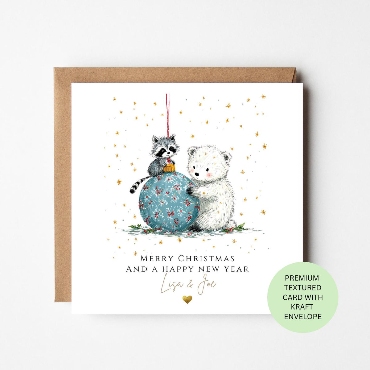 Personalised Raccoon and Polar Bear with a Giant Bauble Christmas Card