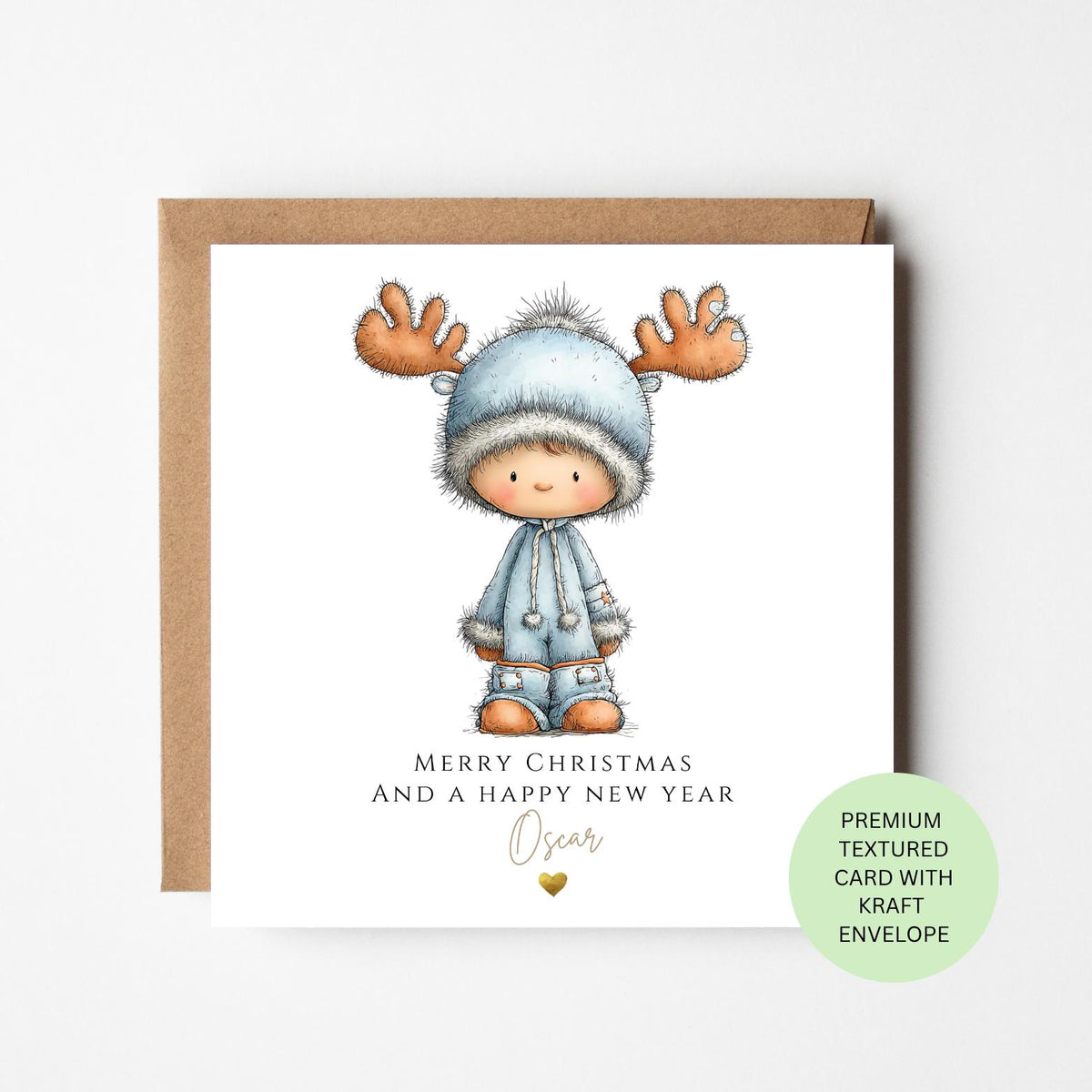 Personalised Boy in a Blue Reindeer Hat Christmas Card