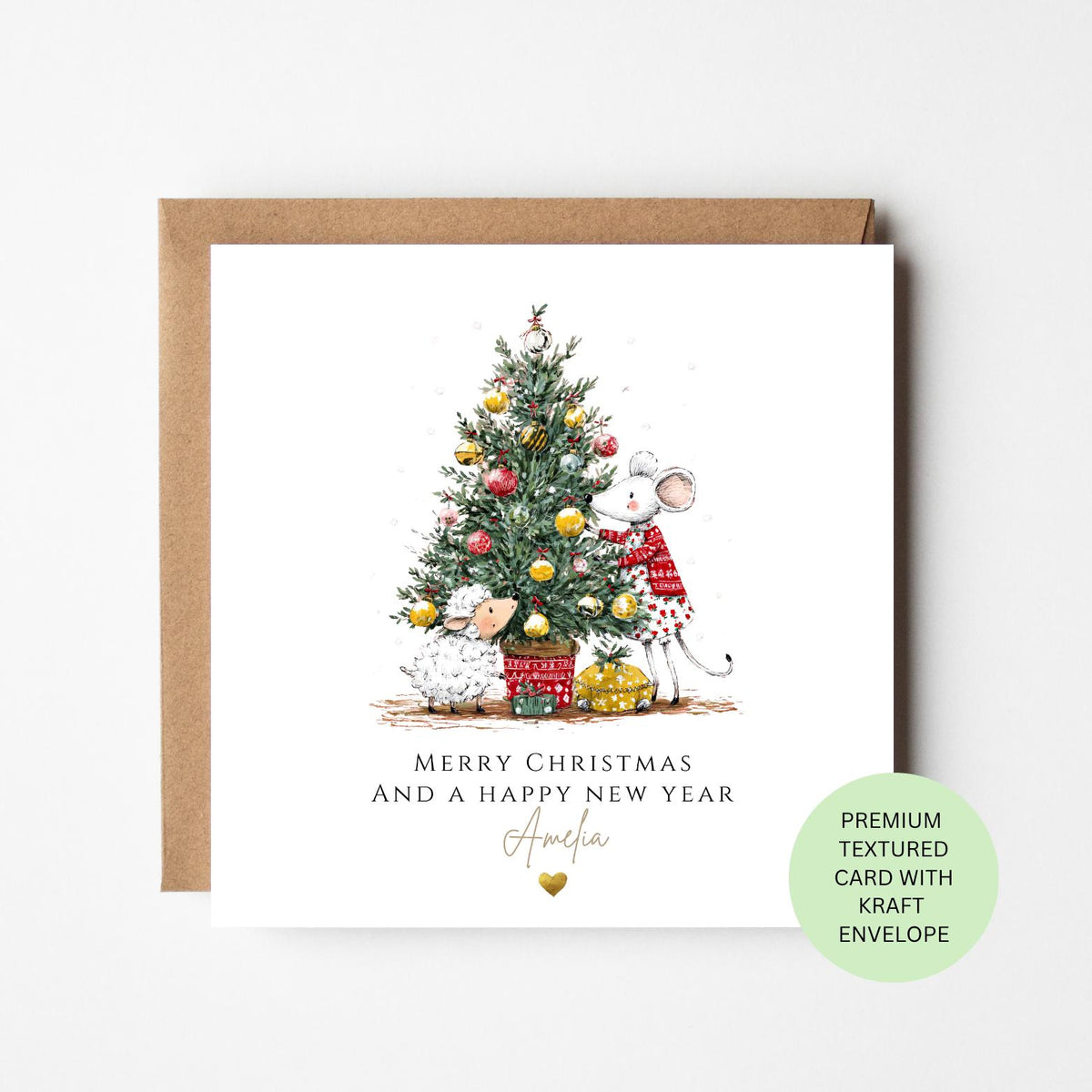 Personalised Woodland Friends Decorating a Tree Christmas Card for Children