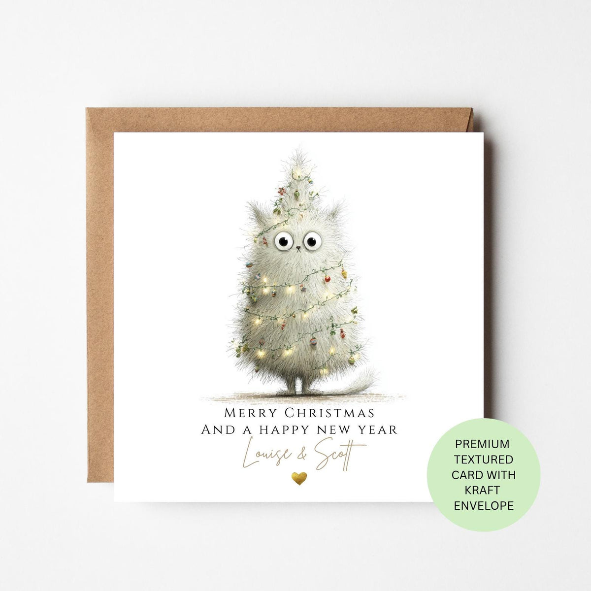 Personalised White Cat Dressed as a Christmas Tree Card