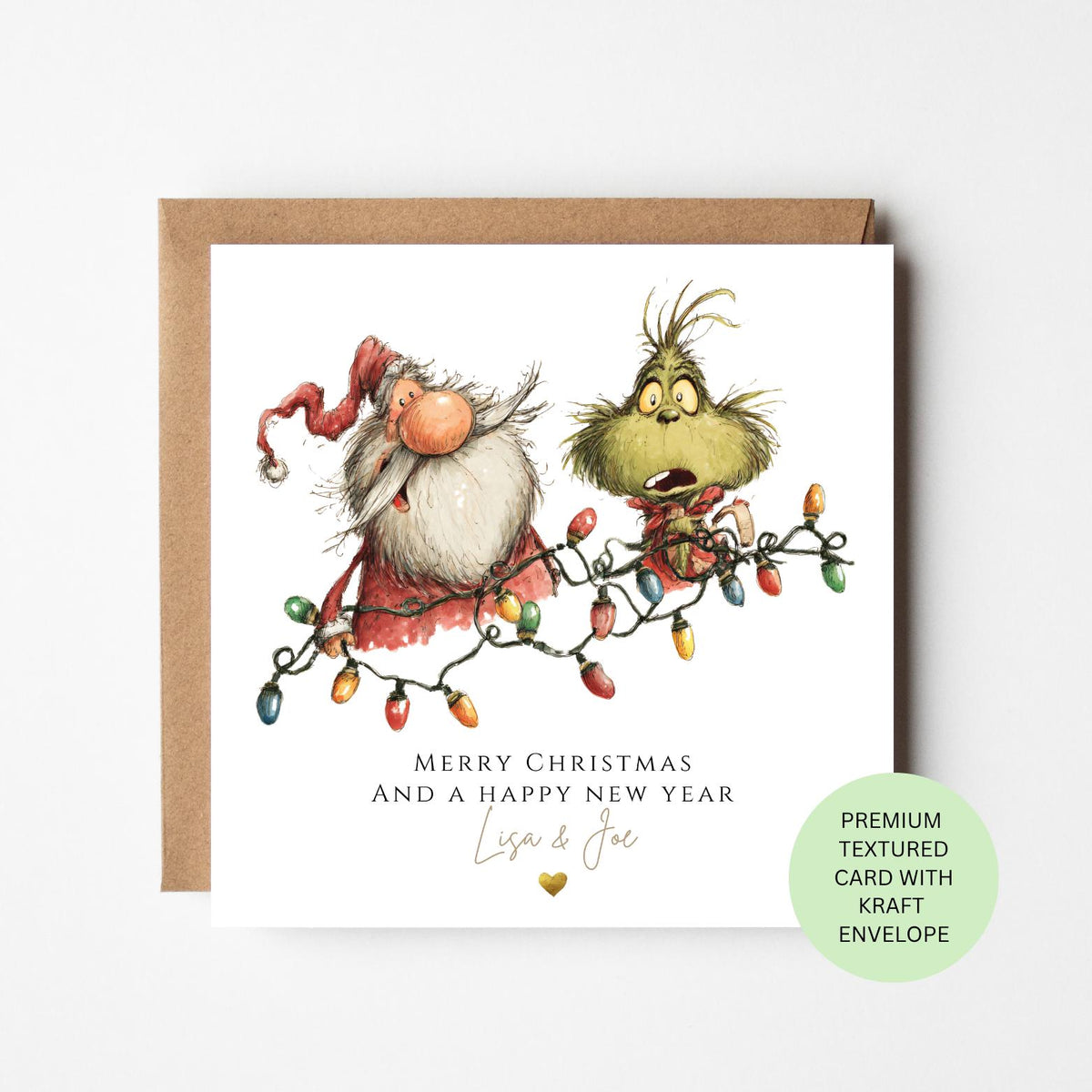 Personalised Santa and a Green Grouch with Lights Christmas Card