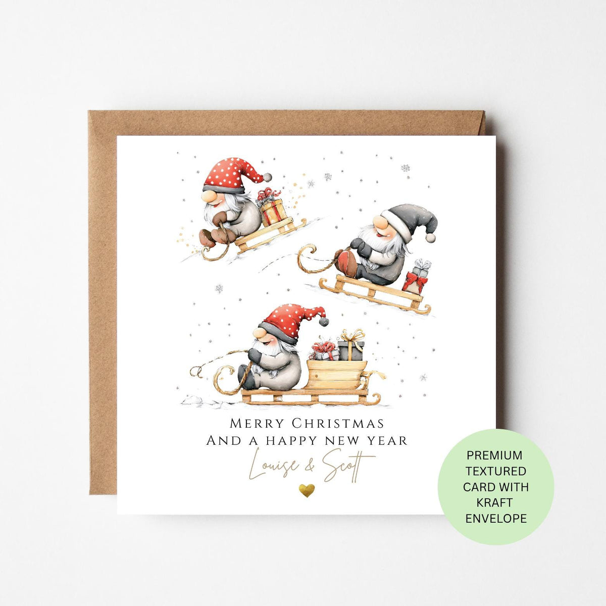 Personalised Christmas Gnomes on Sledges Card