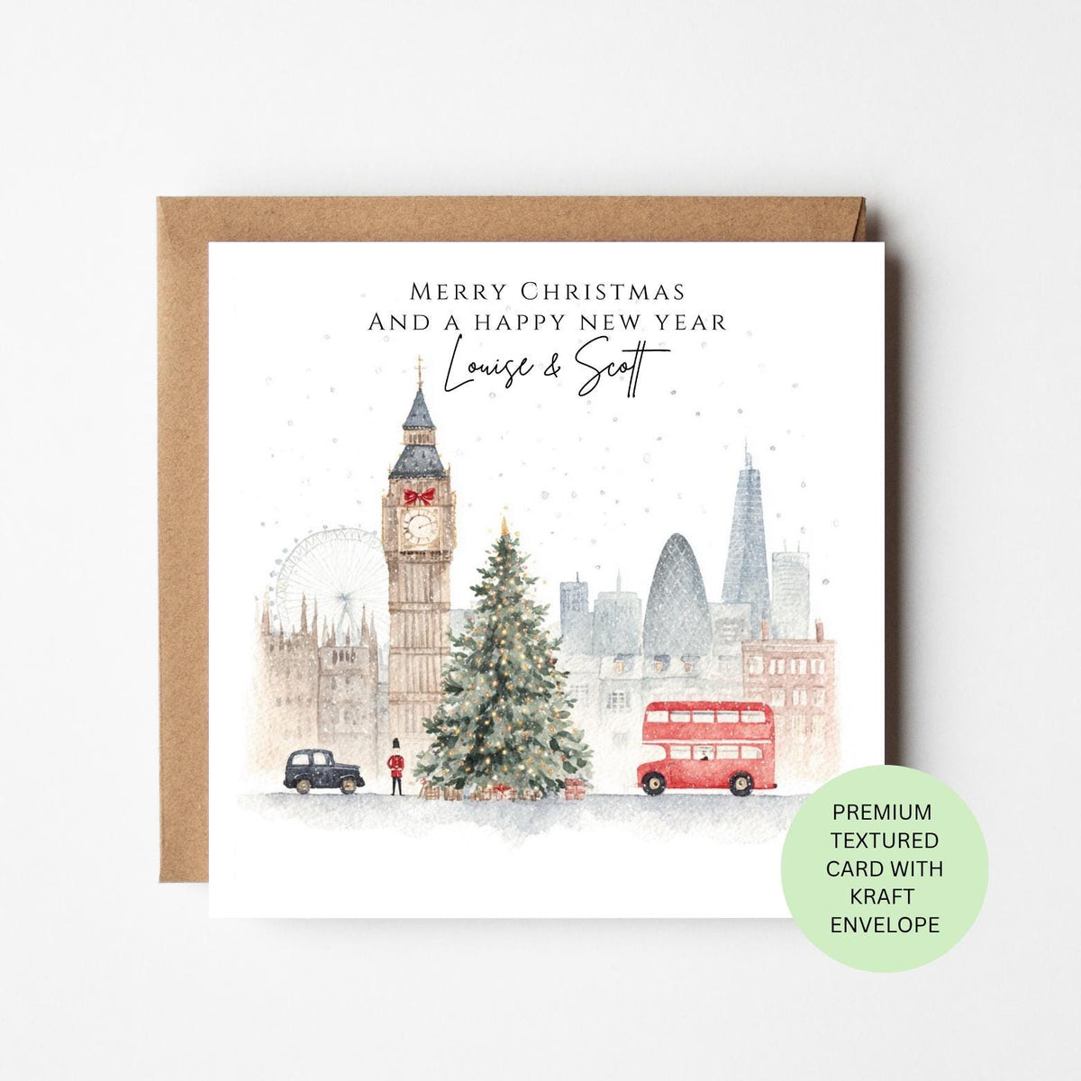 Personalised London Christmas Tree and Red Bus Card